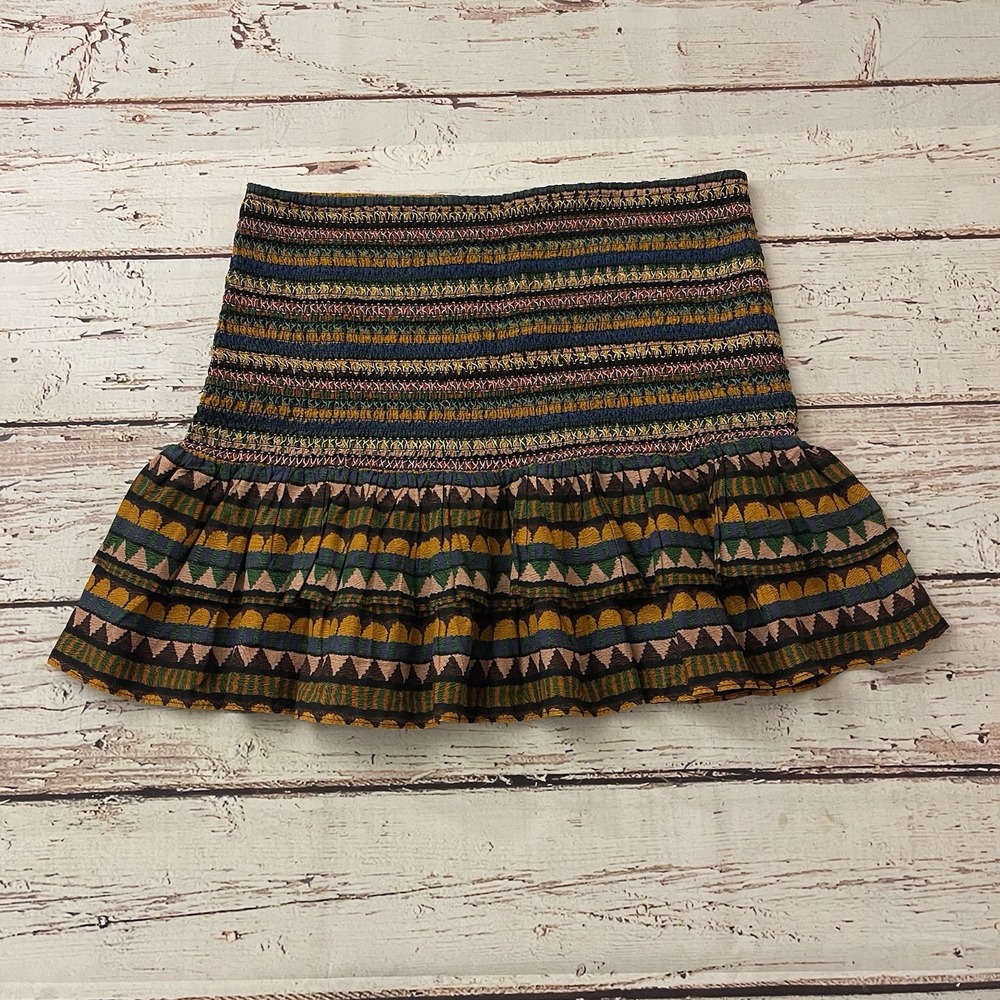 Farm Rio Mini Skirt Ruffled Smocked Toucans Stripes Multicolored XL Boho Womens